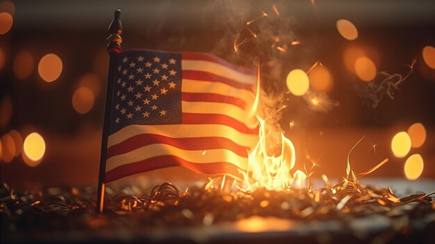 アメリカという文字が書かれた旗が火で燃えている
