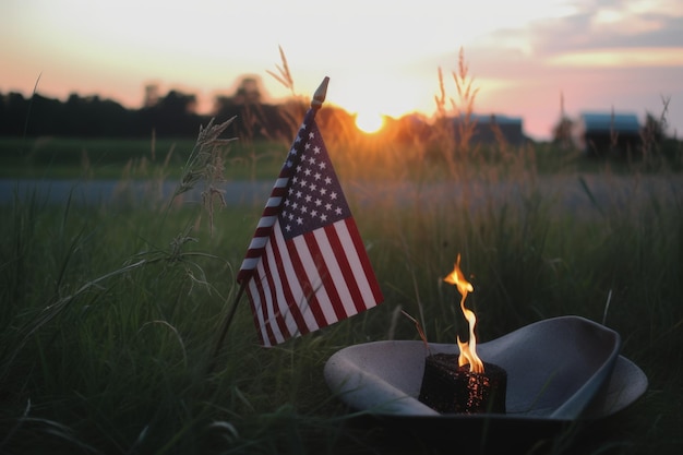 Photo a flag is on a fire in a field at sunset