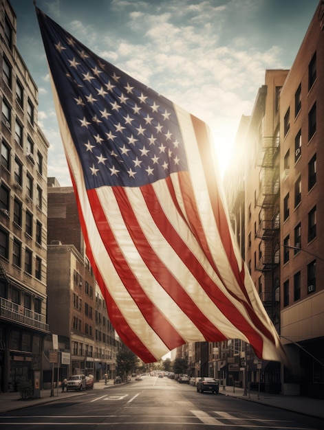 A flag is flying in the air in front of a building.