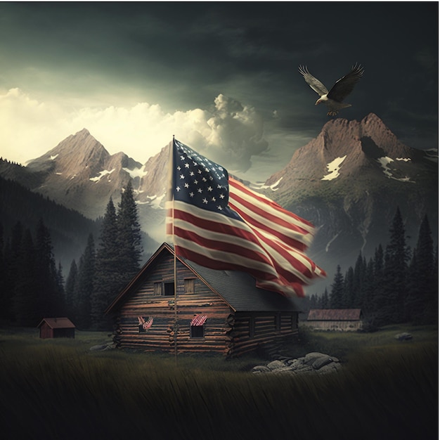 A flag is flying over a cabin with mountains in the background.