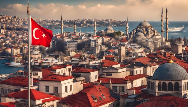 Photo a flag is flying over a city with a red roof and a city in the background