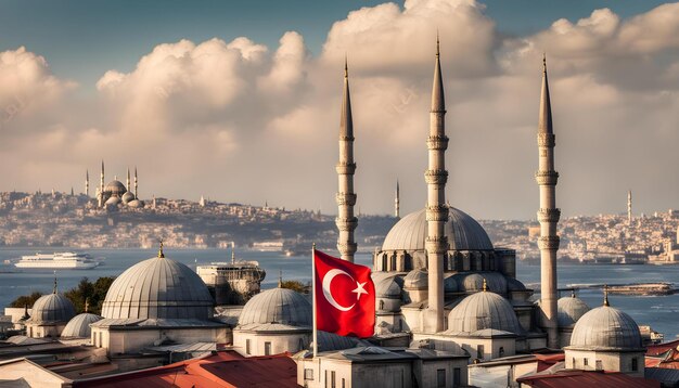 a flag is flying over a mosque with a flag in the foreground