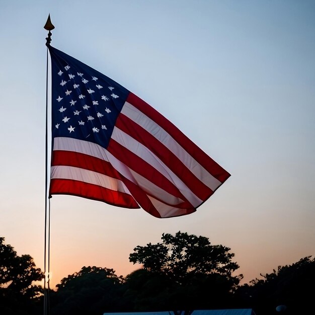 A flag is flying in the sky at sunset.