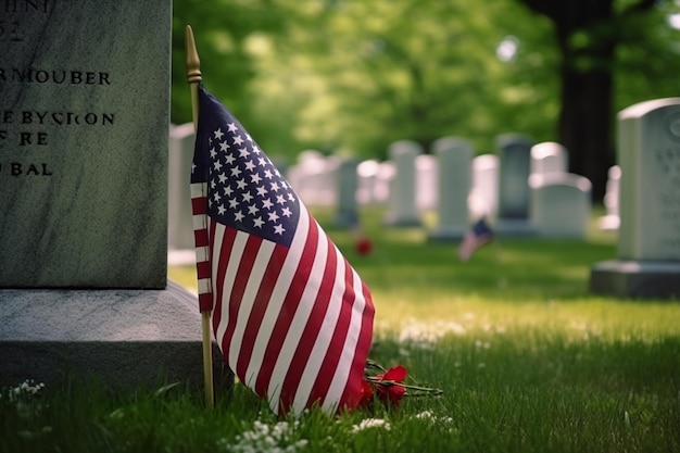 A flag is in the grass next to a grave.