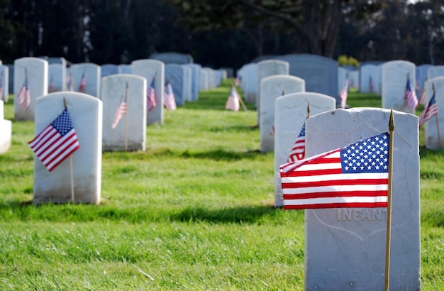 Photo a flag is on a grave in a cemetery.