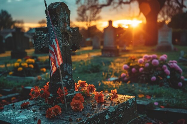 Photo a flag is in the middle of a grave with a flag in the background