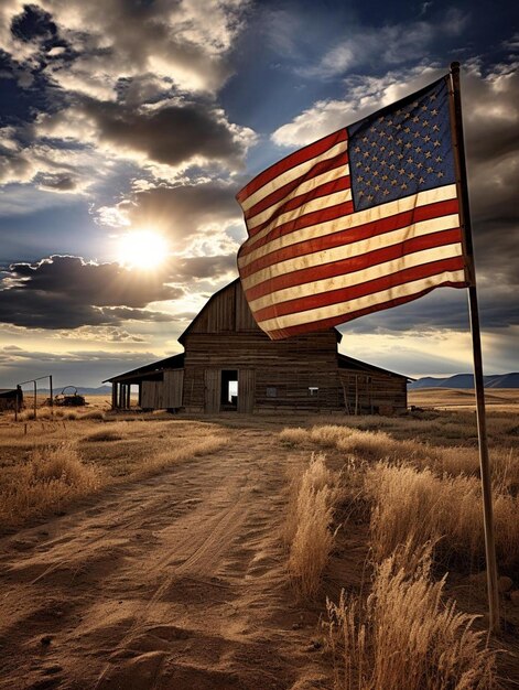 a flag is on a pole in front of a barn.