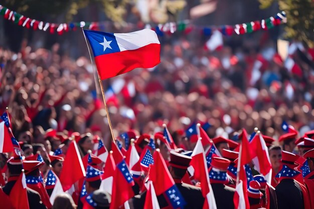 A flag is raised in the air in a crowd of people.