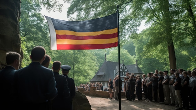 A flag is raised in front of a crowd of people.