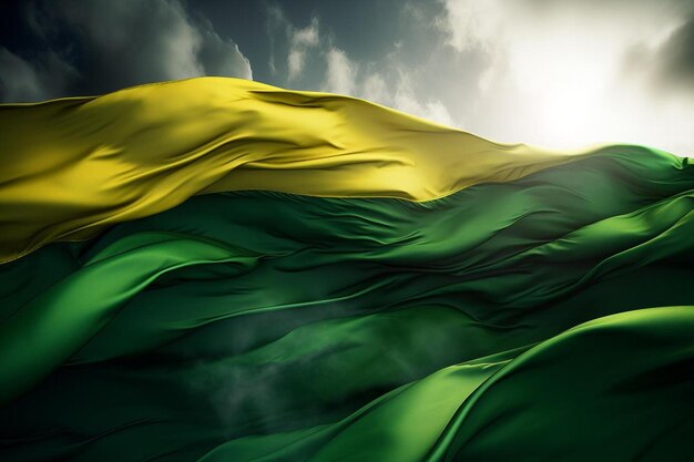 A flag is waving in the wind with a cloudy sky in the background.