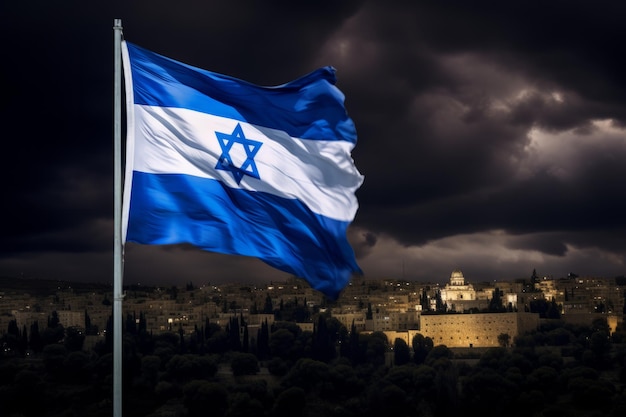 The flag of israel flying on the flagpole of jerusalem capital