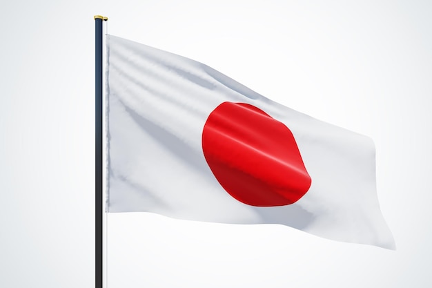 日本の国旗が風に振り回されロゴやテキストのコピースペースが浅い灰色の背景に隔離されています 3D レンダリング