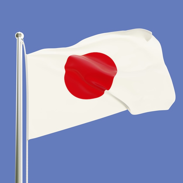 Flag of Japan on flagpole waving in the wind isolated on blue sky background