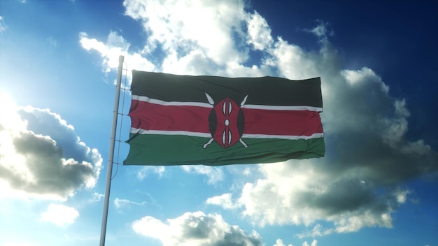 Photo flag of kenya waving at wind against beautiful blue sky 3d illustration