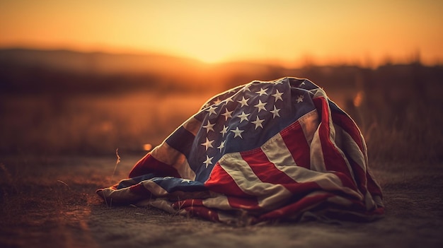 A flag laying on the ground with the sun setting behind it