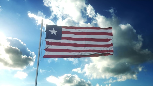 Flag of Liberia waving at wind against beautiful blue sky 3d rendering