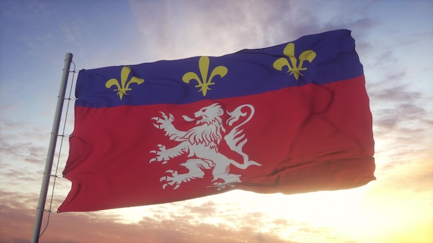 Flag of Lyon, city of France waving in the wind, sky and sun background. 3d rendering