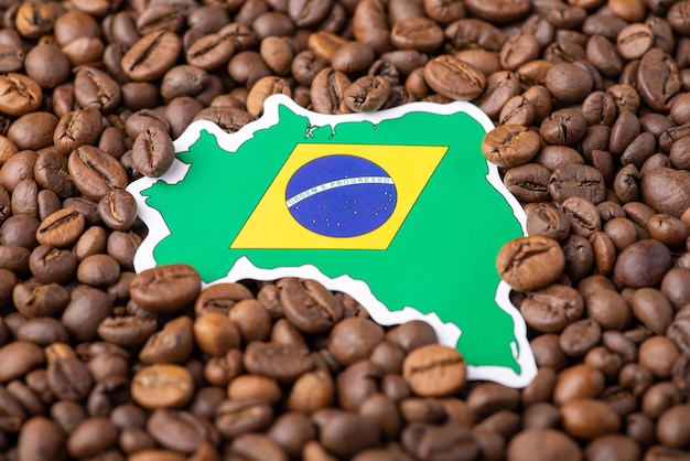 コーヒー豆でブラジルの国旗と地図