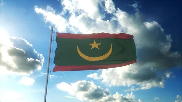 Flag of Mauritania waving at wind against beautiful blue sky 3d illustration