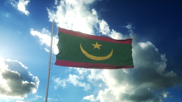 Flag of Mauritania waving at wind against beautiful blue sky 3d rendering