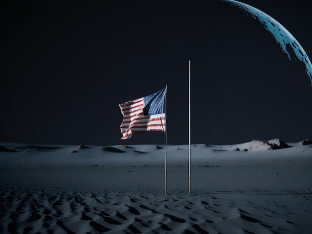 A flag on the moon is in the background