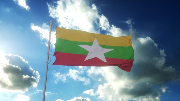 Flag of Myanmar waving at wind against beautiful blue sky 3d rendering