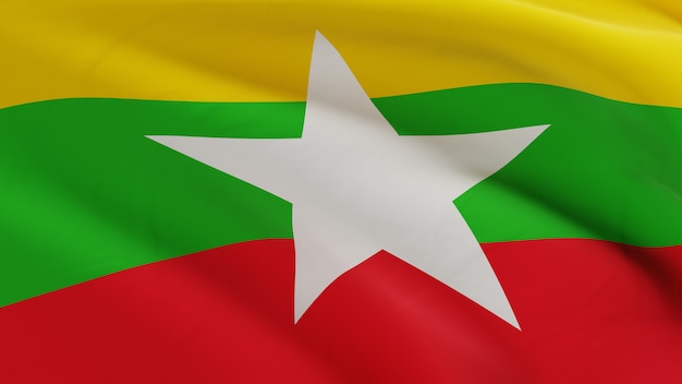 Photo flag of myanmar waving in the wind, fabric micro texture in quality 3d render