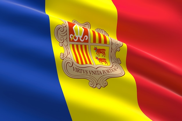 Фото Флаг андорры 3d иллюстрация развевающегося флага андорры