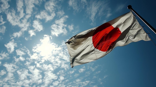 写真 日本の国旗 旗は青い空に照らされて 昇る太陽の国