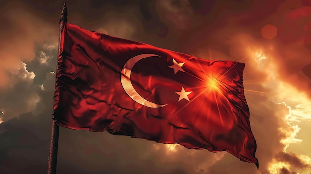 A flag of the Ottoman Empire with a red background a white crescent moon and three white stars