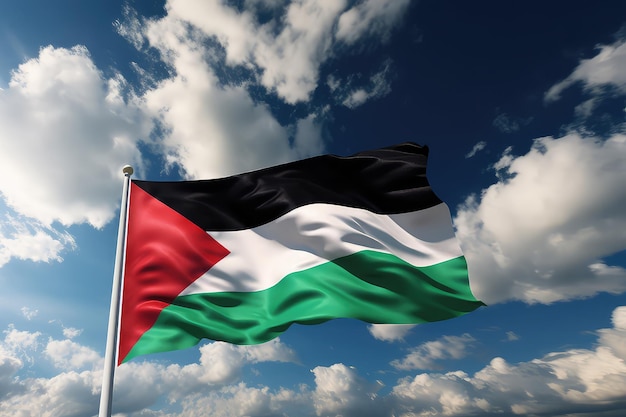 Flag of Palestine in blue sky