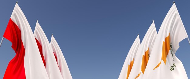 青い背景の側面の旗竿にポーランドとキプロスの旗テキスト3dイラストの場所
