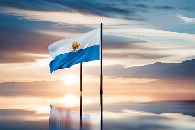 Photo flag on a pole with a sunset sky and clouds