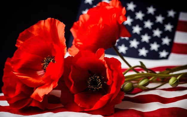 Photo a flag and poppy flowers on a table