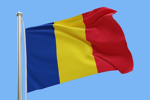 Flag of Romania on flagpole waving in the wind isolated on blue background