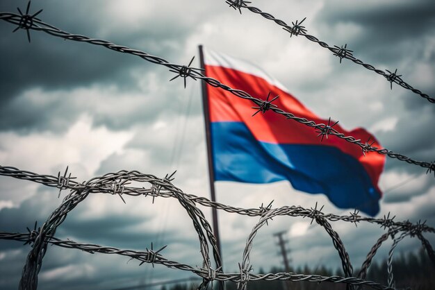 Flag of Russia and barbed wire on the background of the cloudy sky Generative AI