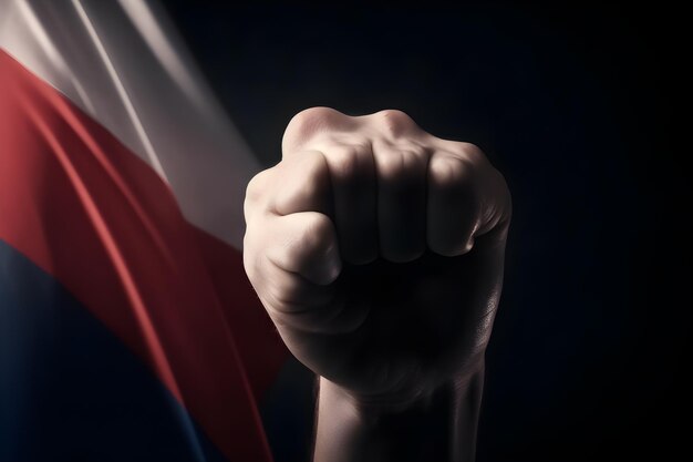 Flag of russia and the hand clenched into a fist on a dark background