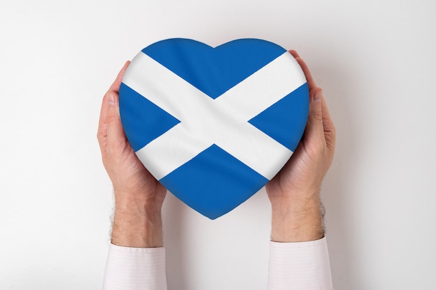 Flag of Scotland on a heart shaped box in a male hands. White background