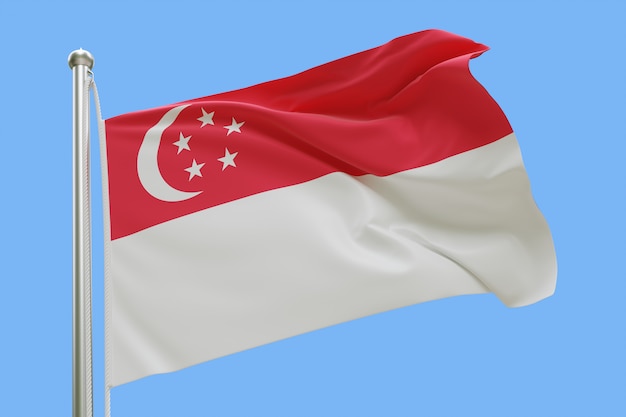 Flag of Singapore on flagpole waving in the wind isolated on blue background
