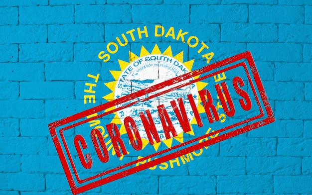 Photo flag of the state of south dakota painted on grungy brick wall background. with stamp coronavirus, idea and concept of healthcare, epidemic and disease in usa