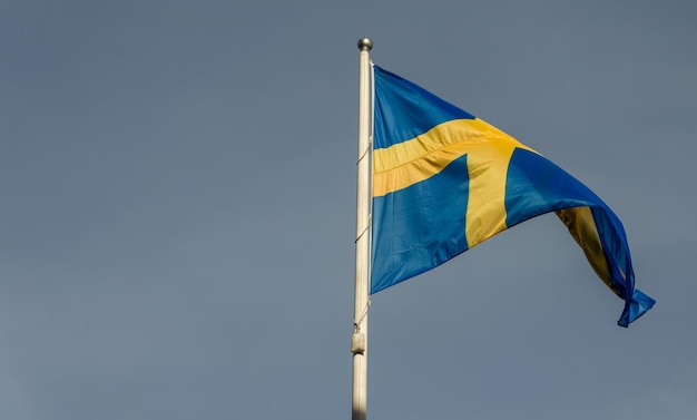 空に対してマストにスウェーデンの旗。