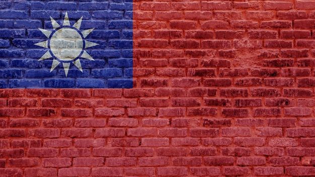 Flag of Taiwan on brick wall background on town street Exterior old stone bricks texture with Taiwanese banner International diplomatic relations concept