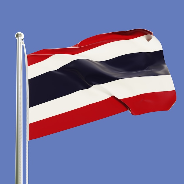 Flag of Thailand on flagpole waving in the wind isolated on blue sky background