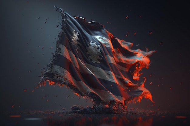 A flag that has been torn in half and is burning in the dark.