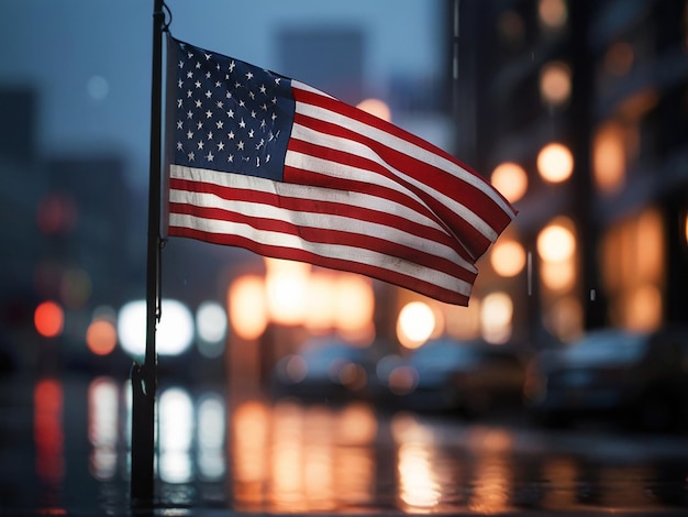 a flag that is outside on a rainy day