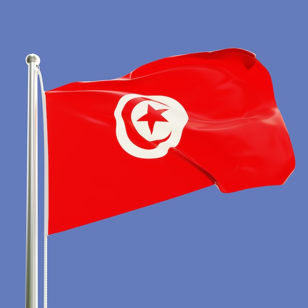 Flag of Tunisia on flagpole waving in the wind isolated on blue sky background