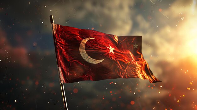 A flag of Turkey blowing in the wind against a dark sky The flag is backlit by the sun which is casting rays of light through the clouds