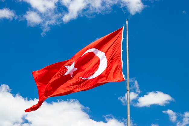 the flag of turkey is flying in the sky.