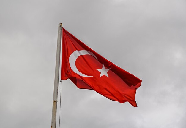 Flag of Turkey rise waving to the wind with sky in the background