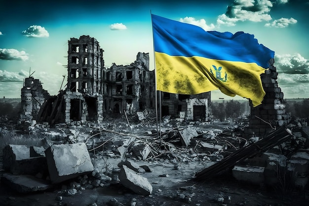 우크라이나 국기와 파괴된 건물 전쟁 개념 신경망 AI 생성
